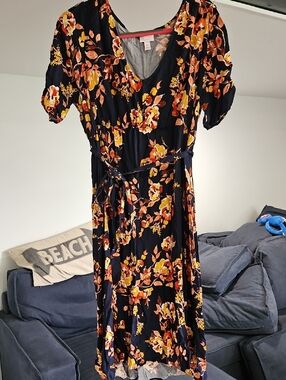 Maternity Floral Navy Wrap Dress with Orange & Yellow Bloom Print Xl